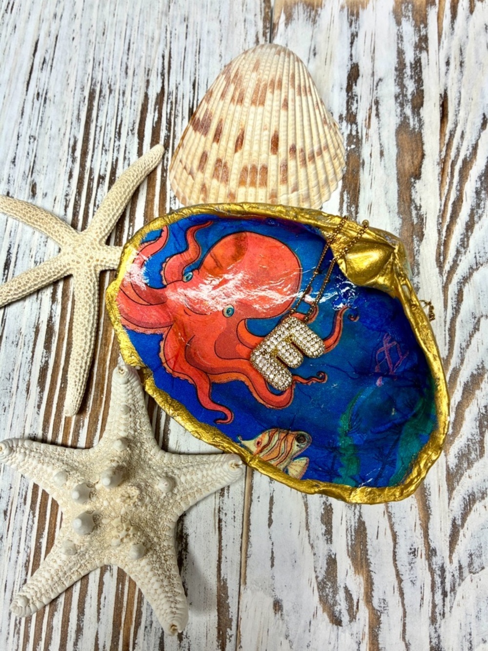 Double Sided Octopus & Seahorse Artisan Shell Trinket Dish Coastal Decor